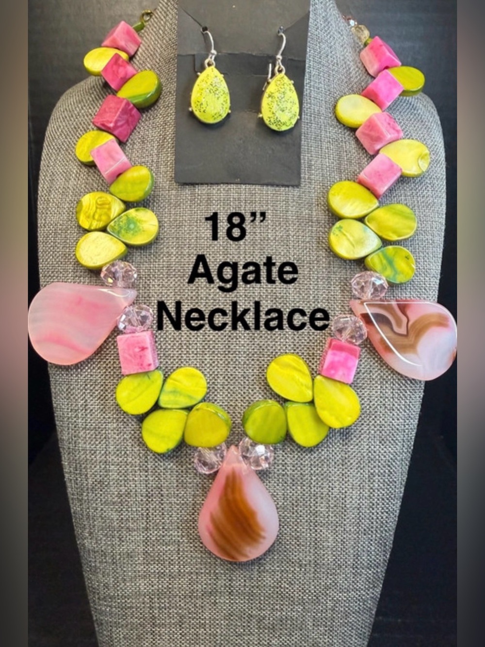 194. Agate Statement Necklace and Earring Set - Pink & Lime